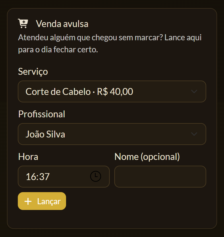 Formulário de venda avulsa: serviço, profissional, hora e nome opcional, com o botão Lançar