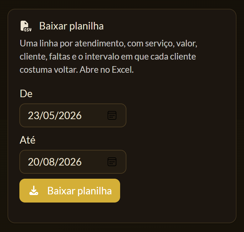 Bloco de baixar planilha do app, com o período escolhido e o botão de baixar