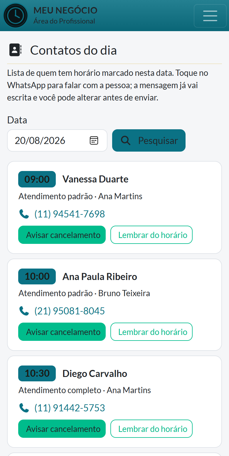 Painel no celular: lista de quem tem horário marcado no dia, com hora, cliente, serviço, profissional, telefone e botões de WhatsApp