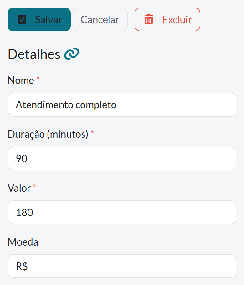 Formulário de um serviço aberto no painel, com nome, duração em minutos, valor e moeda