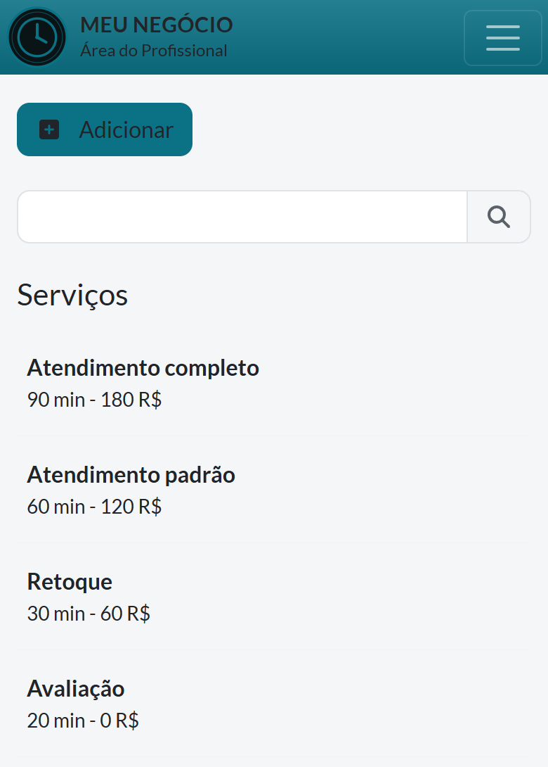 Lista de serviços cadastrados no painel, cada um com nome, duração e preço, e um botão de adicionar serviço