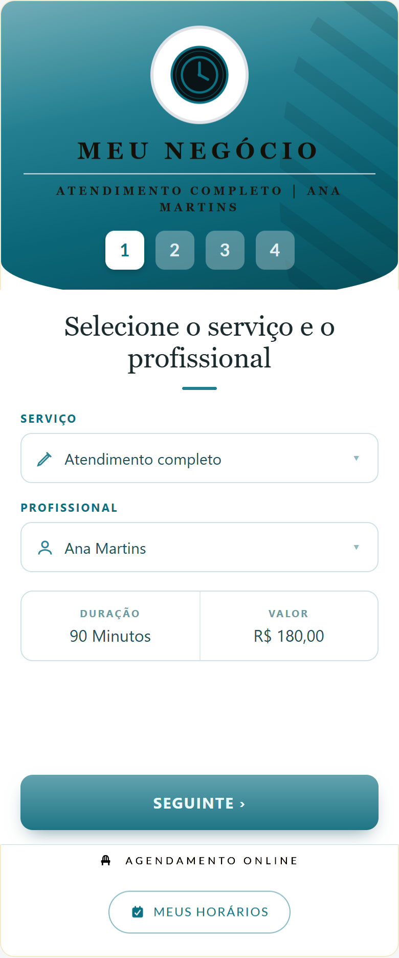 Tela do agendamento no celular: o cliente escolhe o serviço e o profissional, e já vê a duração de 90 minutos e o preço de R$ 180,00