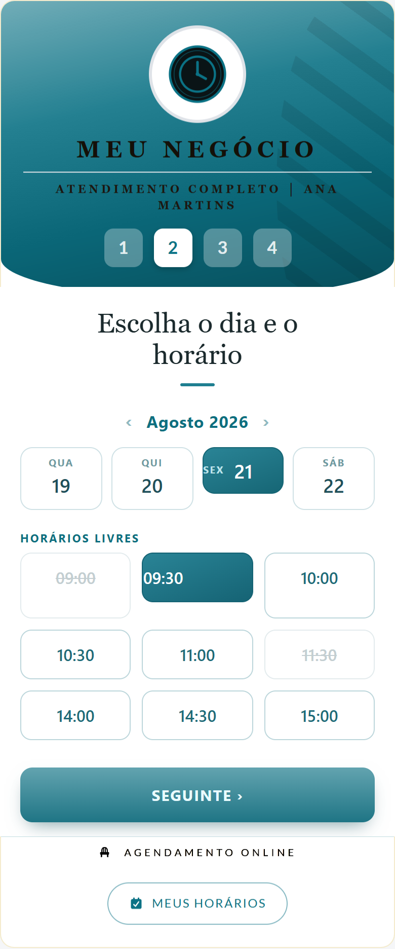 Passo 2 do agendamento: tira de dias com a sexta-feira 21 de agosto selecionada, e abaixo os horários livres do dia, com os ocupados riscados e o das 09:30 selecionado