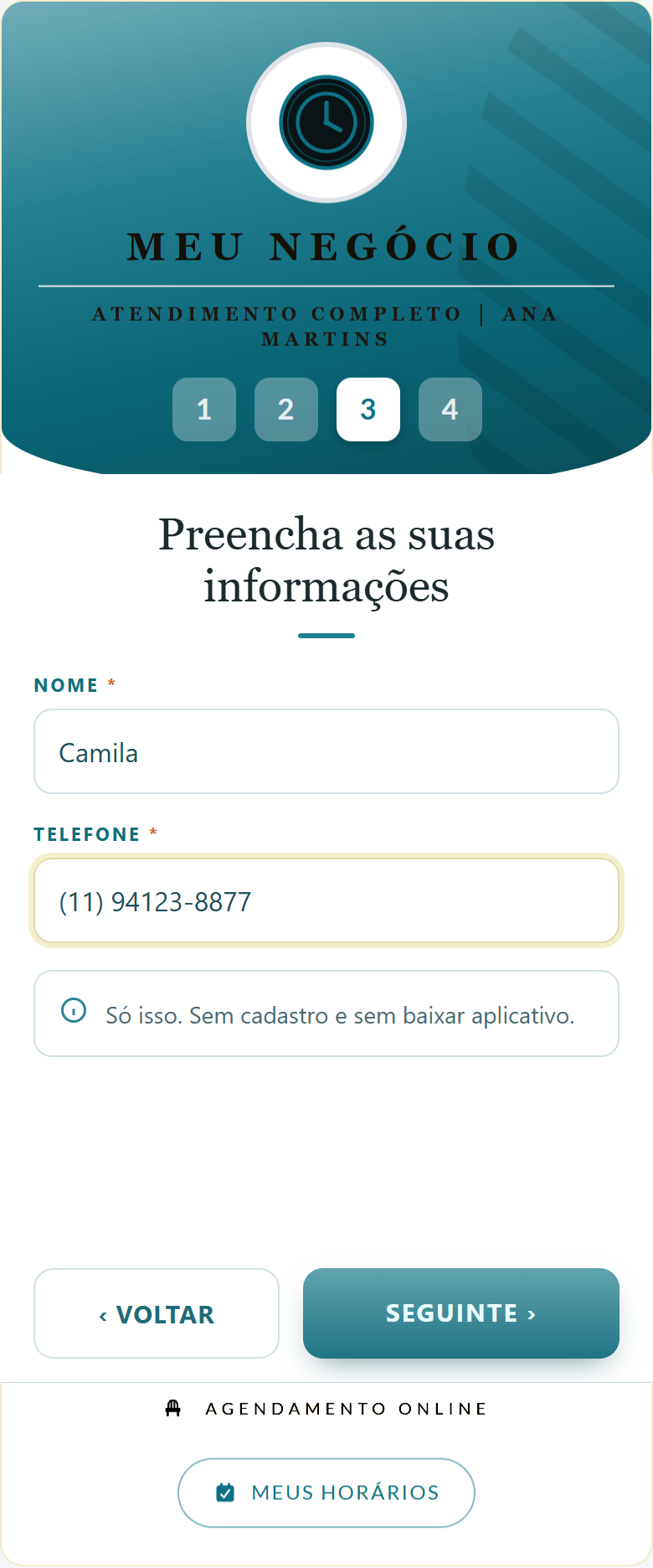 Passo 3 do agendamento: campos de nome e celular do cliente