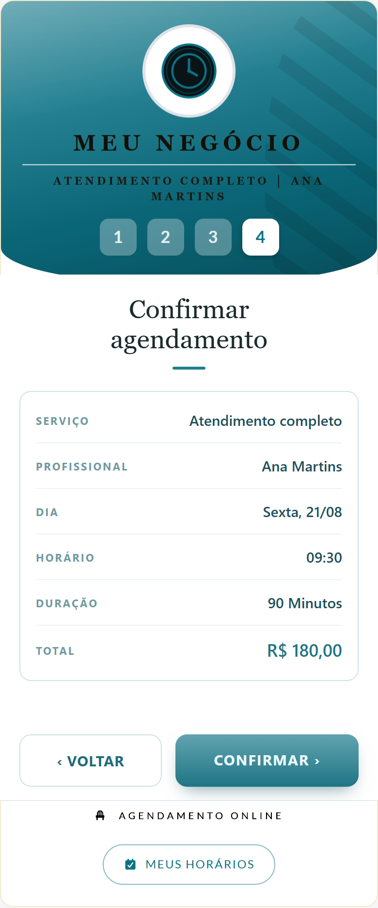 Passo 4 do agendamento: horário confirmado, com serviço, profissional, dia, horário e total