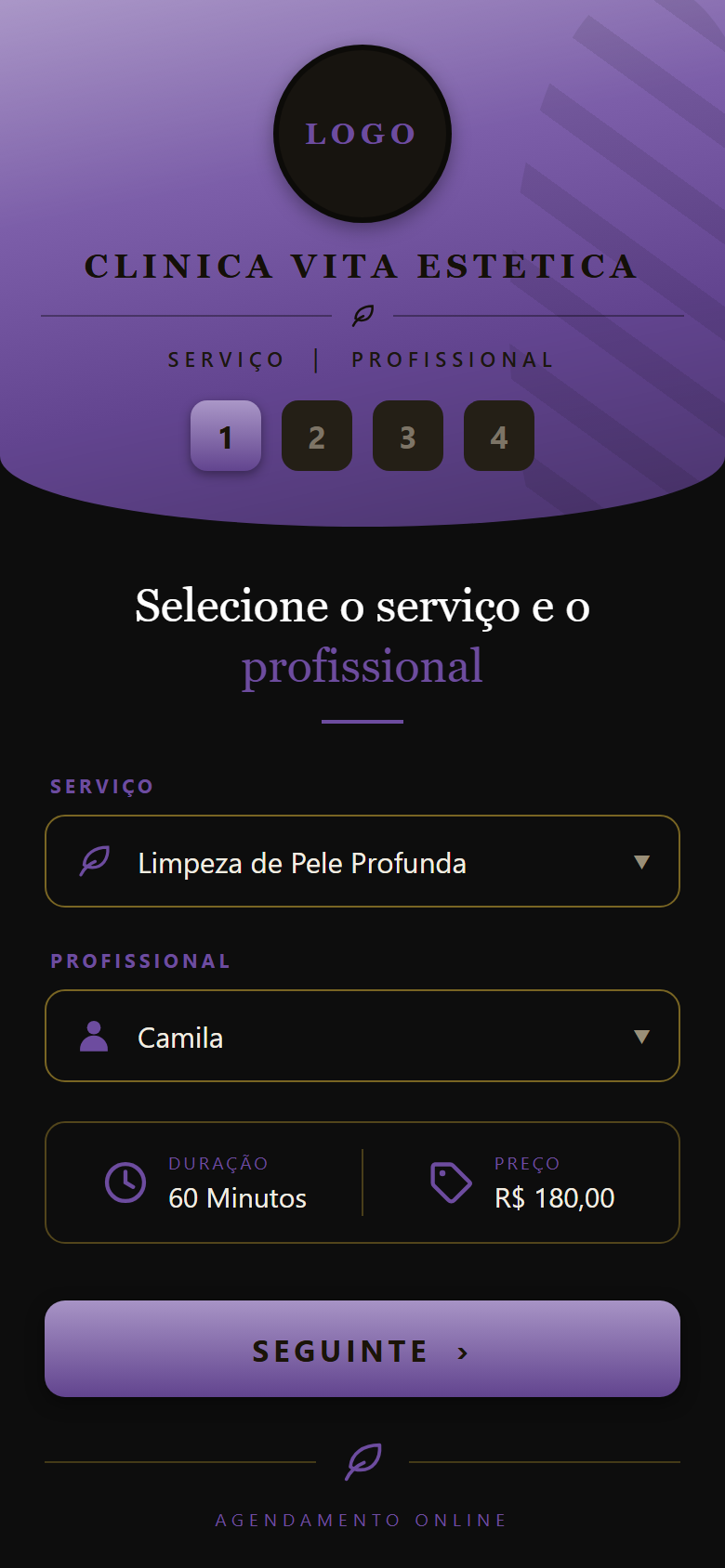 Tela do app mostrando a escolha do procedimento Limpeza de Pele Profunda com duração de 60 minutos e valor de R$ 180,00