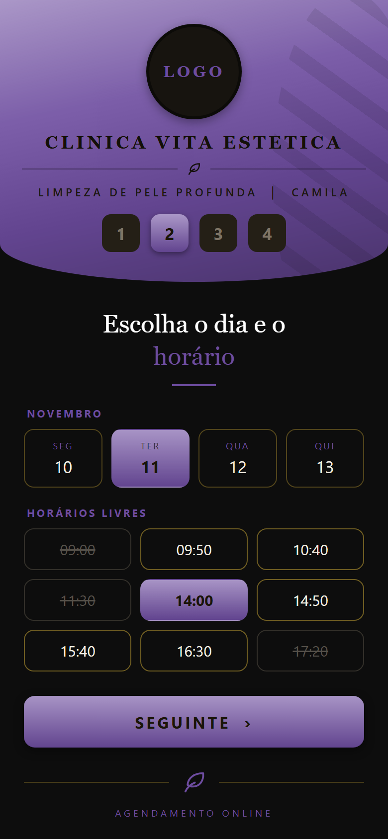 Tela do app mostrando os dias e horários disponíveis na agenda da clínica