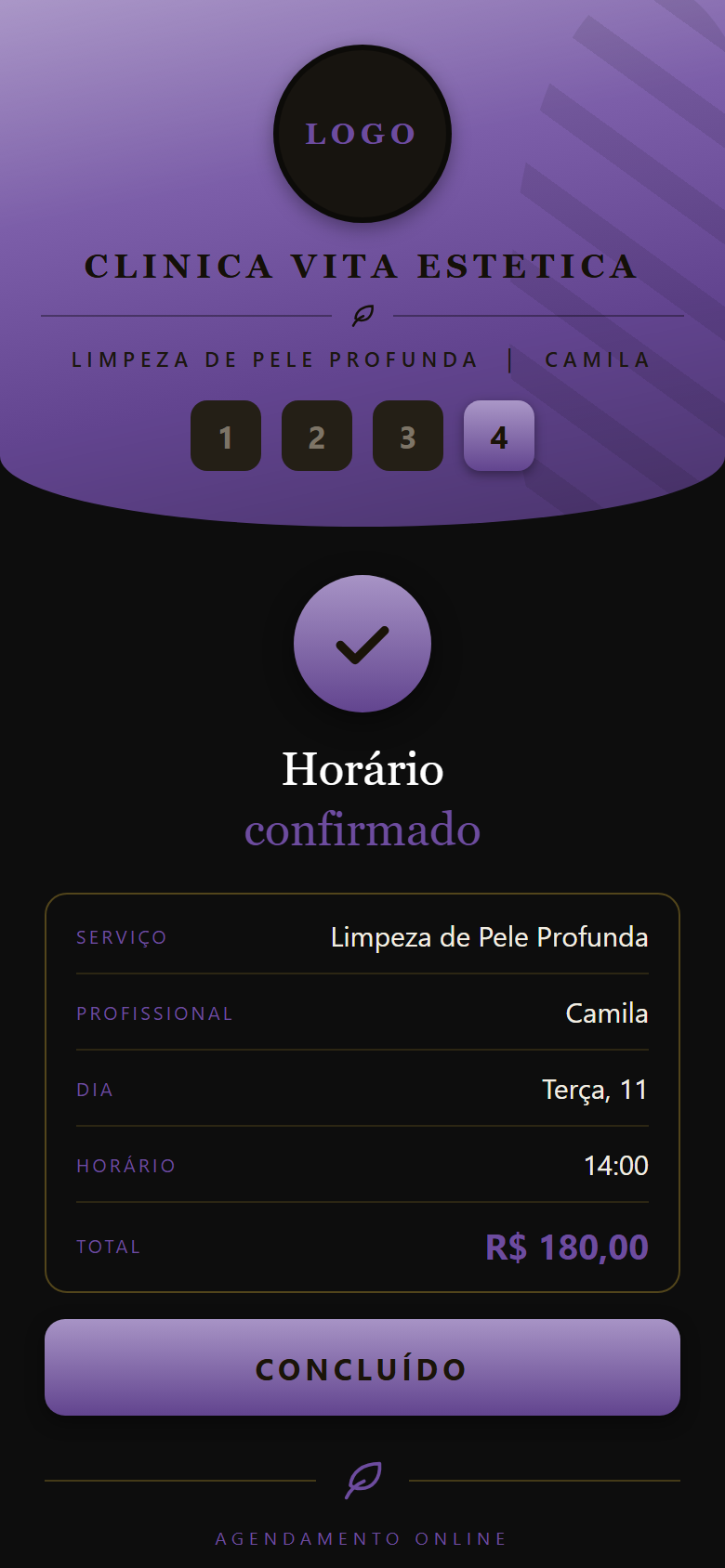 Tela de horário confirmado, com procedimento, profissional, dia, horário e total de R$ 180,00