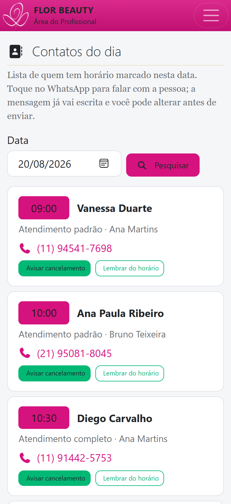 Painel no celular: lista de quem tem horário marcado no dia, com hora, cliente, serviço, profissional, telefone e botões de WhatsApp