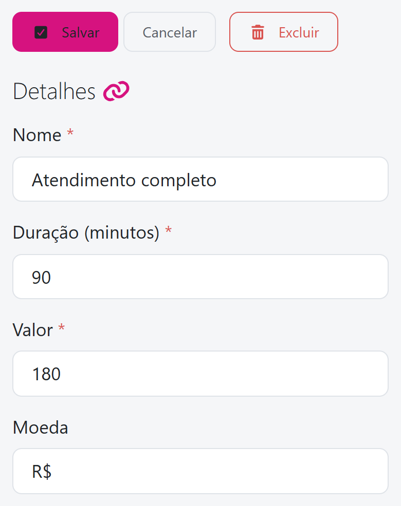 Formulário de um serviço aberto no painel, com nome, duração em minutos, valor e moeda