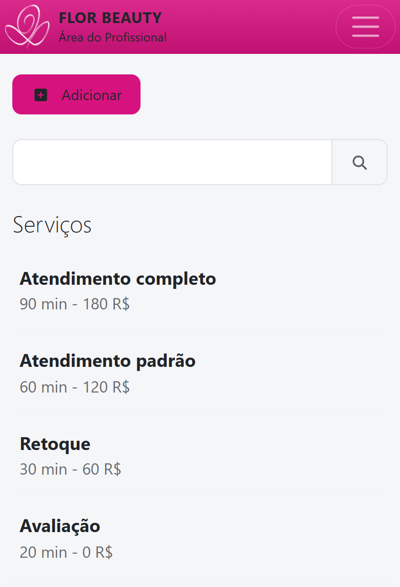 Lista de serviços cadastrados no painel, cada um com nome, duração e preço, e um botão de adicionar serviço
