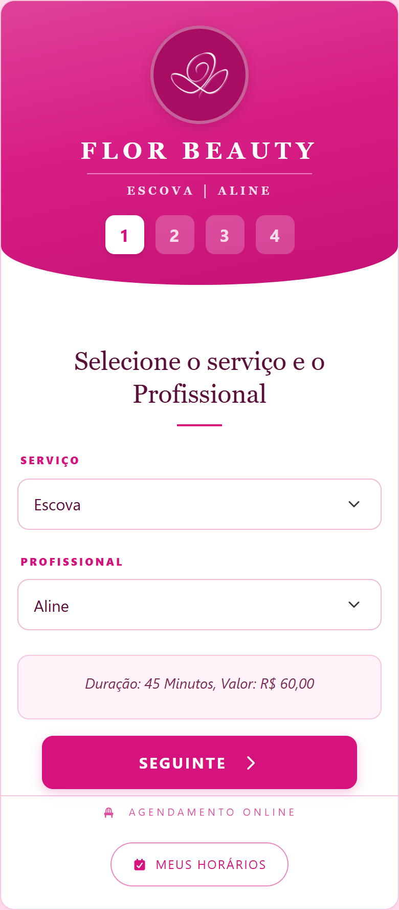 Passo 1 do agendamento no app do Flor Beauty: serviço Escova com a profissional Aline, 45 minutos por R$ 60,00