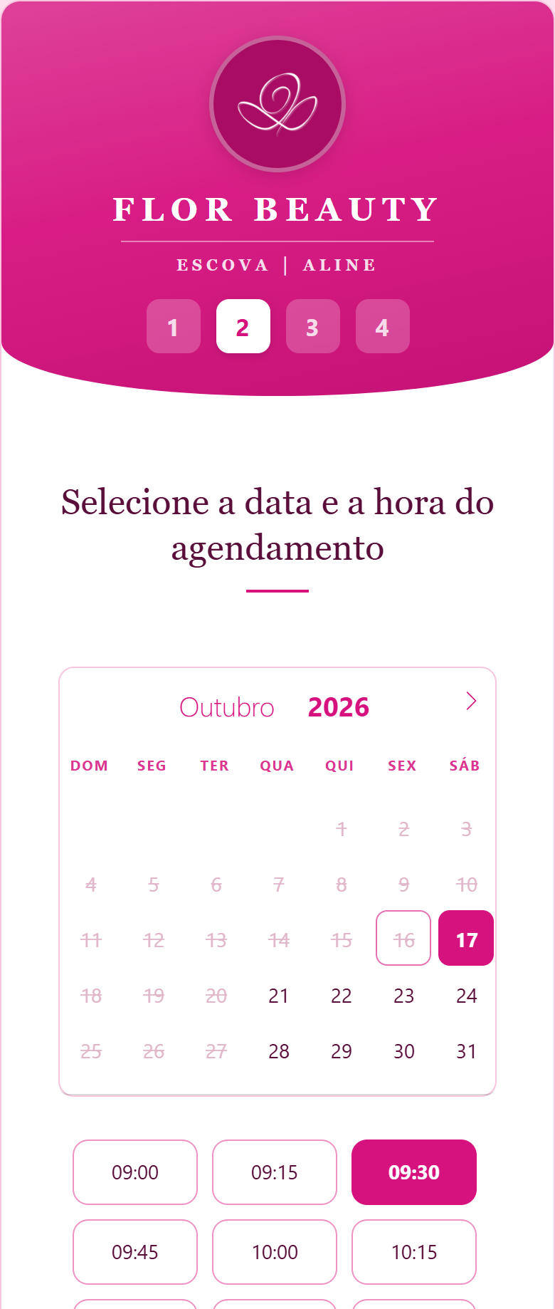 Passo 2 do agendamento: calendário de outubro com os dias livres e os horários disponíveis, com o das 09:30 selecionado