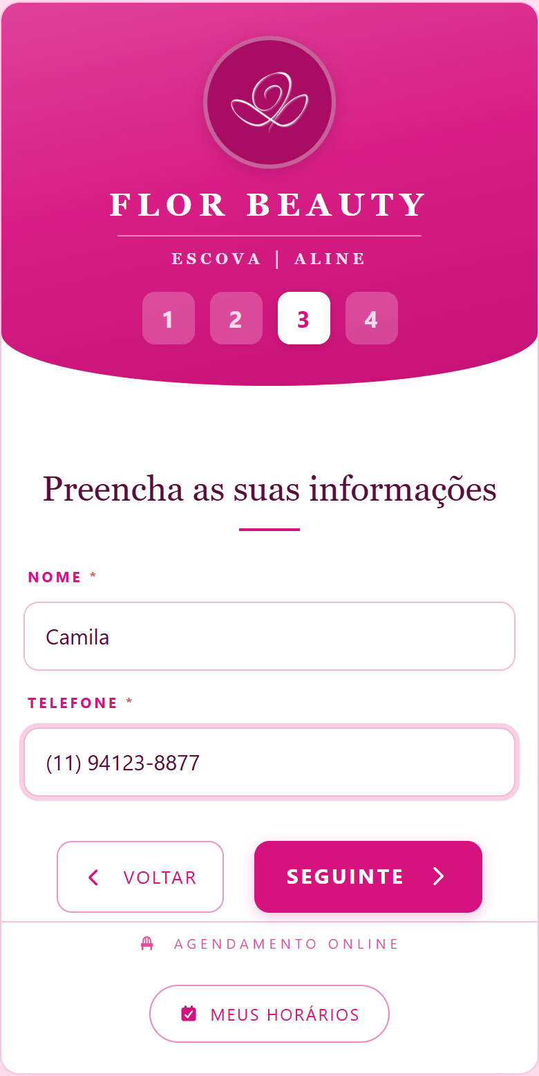 Passo 3 do agendamento: campos de nome e celular do cliente