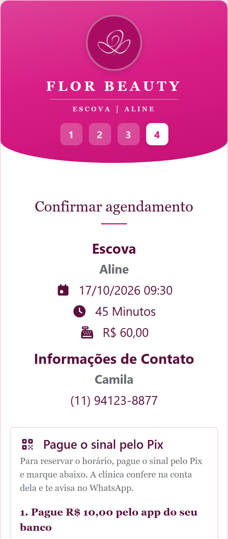 Passo 4 do agendamento: resumo com serviço, profissional, dia, horário e valor antes de confirmar
