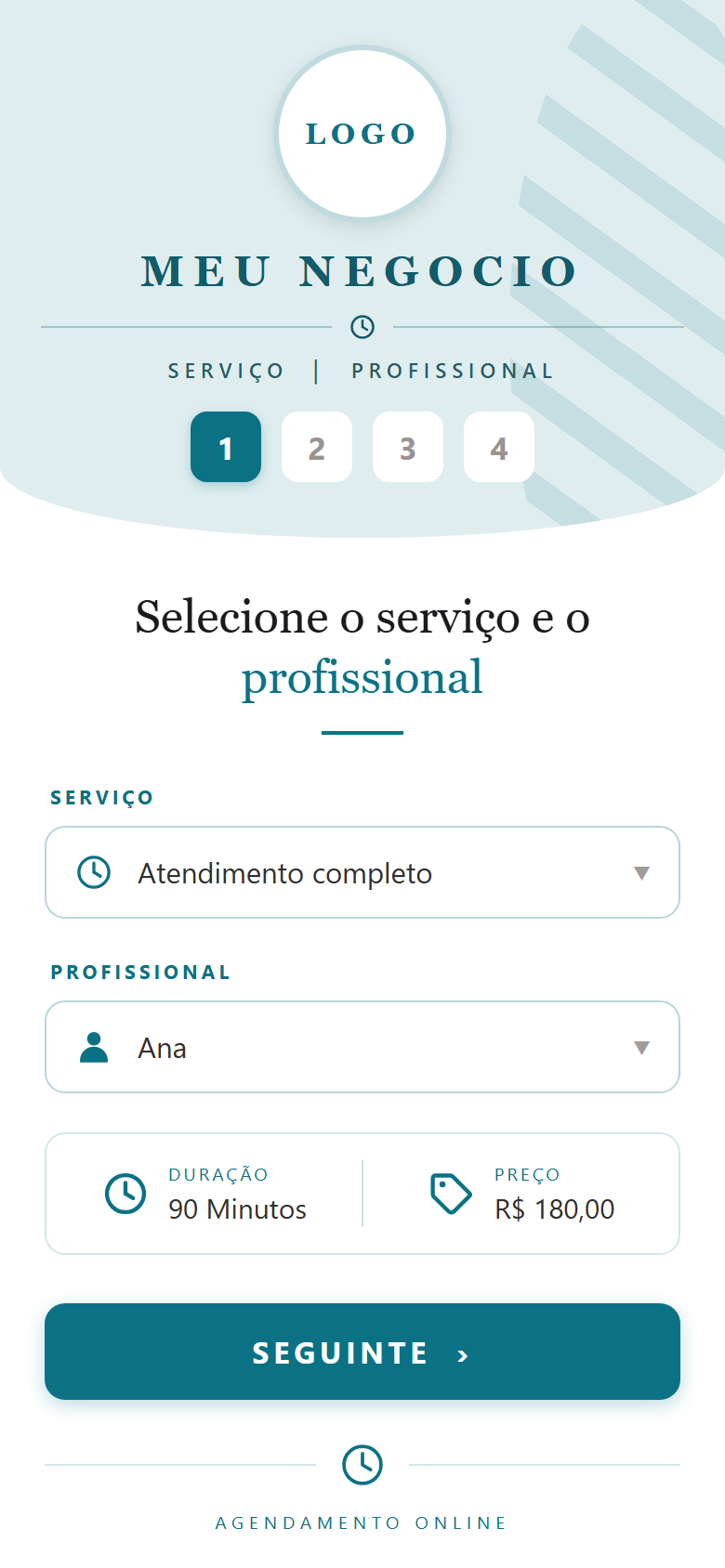 Passo 1 do agendamento: escolha do serviço Atendimento completo e da profissional Ana, com duração de 90 minutos e preço de R$ 180,00