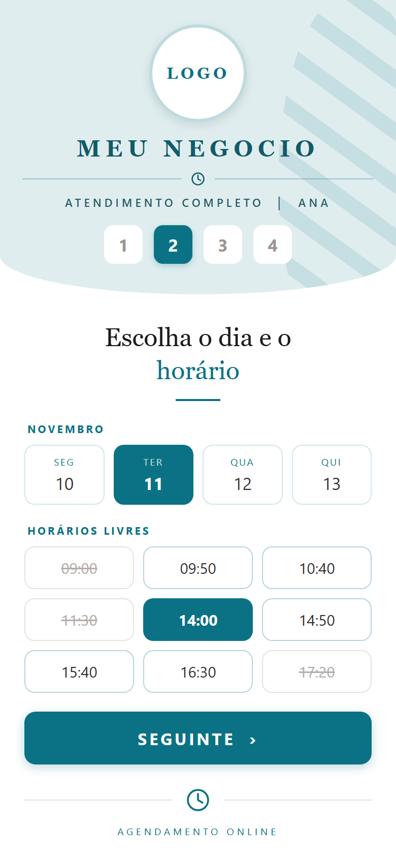 Passo 2 do agendamento: dias e horários livres, com os já ocupados riscados
