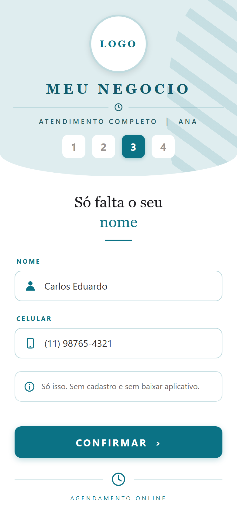 Passo 3 do agendamento: campos de nome e celular do cliente
