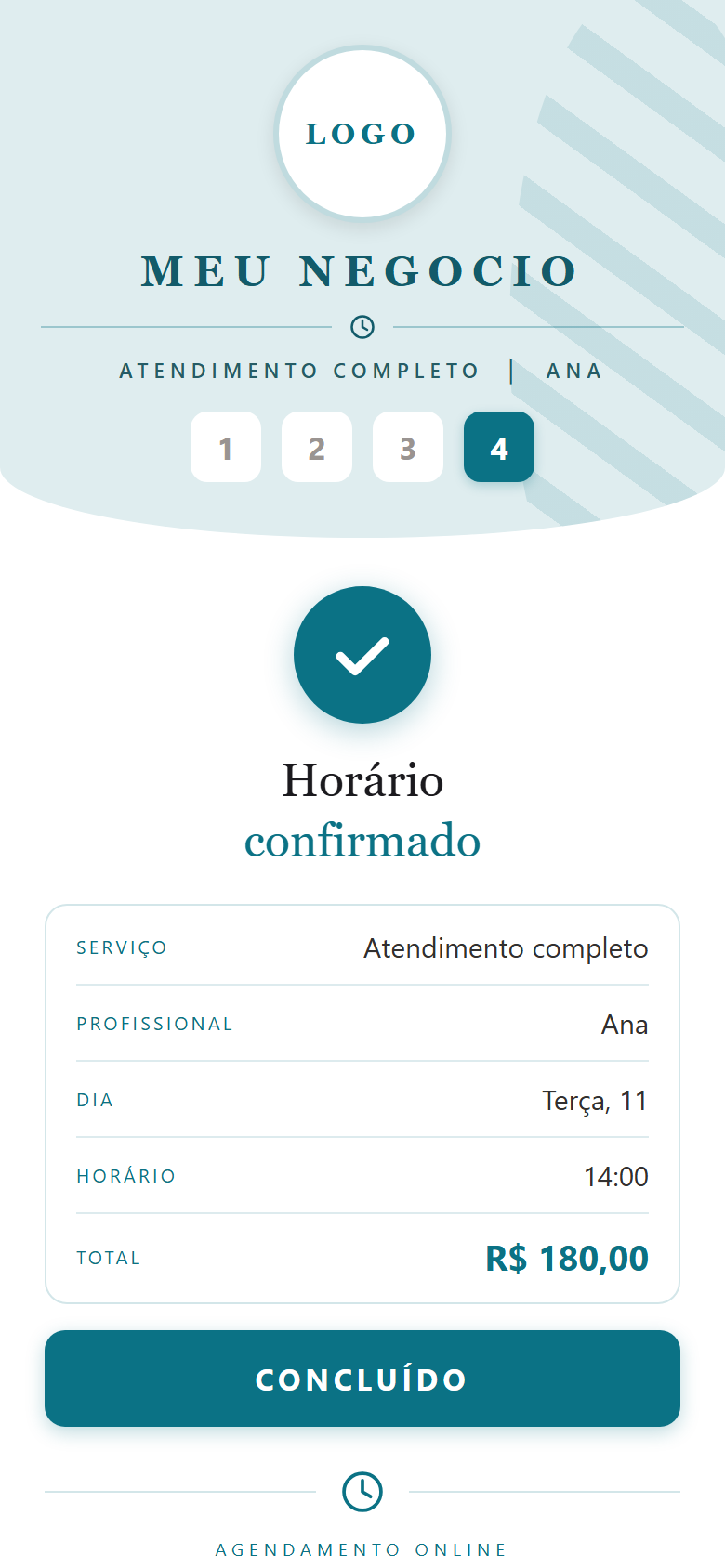 Passo 4 do agendamento: horário confirmado, com serviço, profissional, dia, horário e total