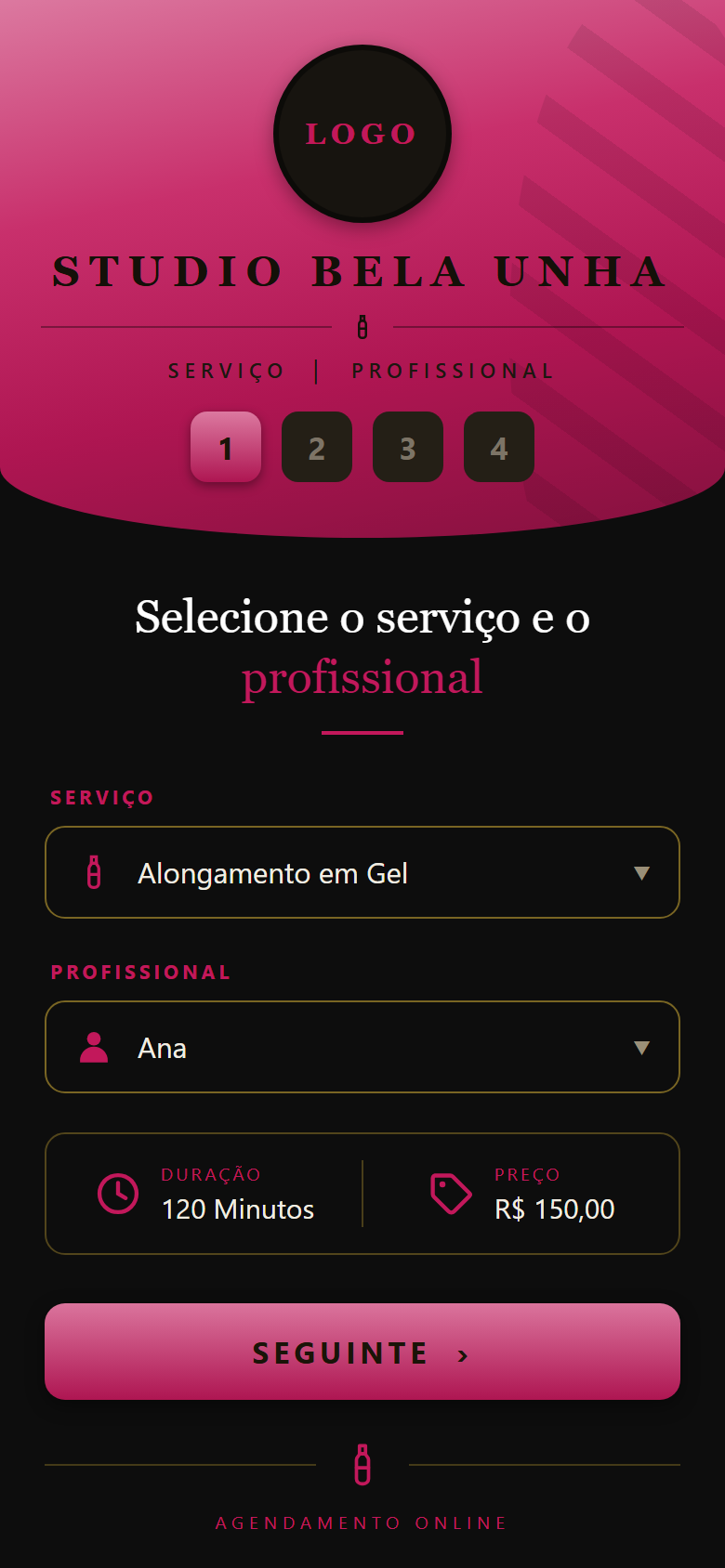 Tela do app mostrando a escolha do serviço Alongamento em Gel com duração de 120 minutos e preço de R$ 150,00