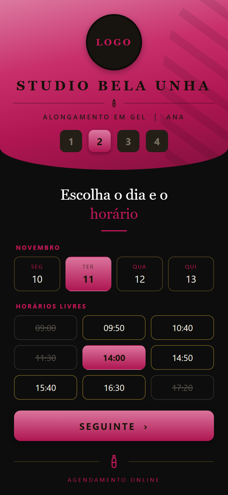 Tela do app mostrando os dias e horários livres para a cliente escolher