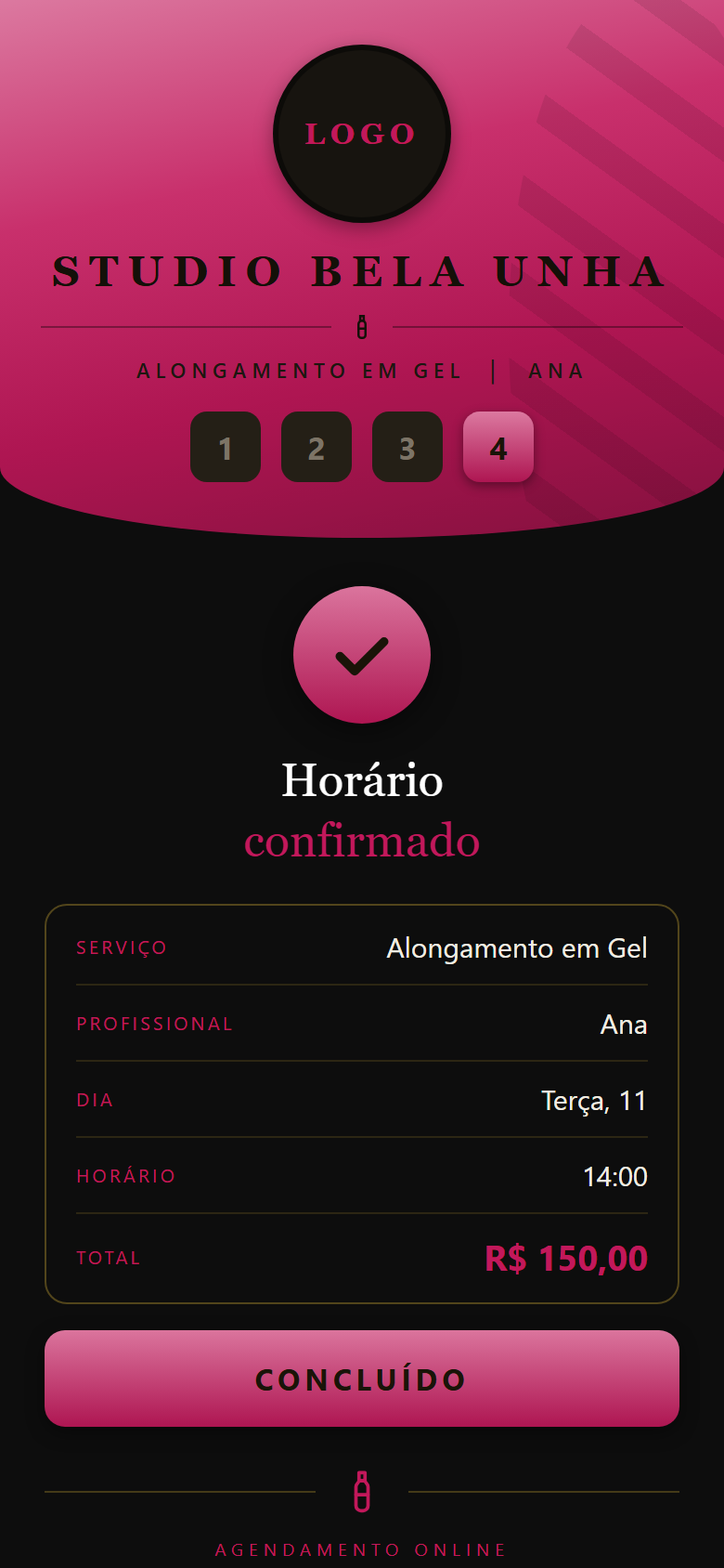 Tela de horário confirmado, com serviço, profissional, dia, horário e total de R$ 150,00