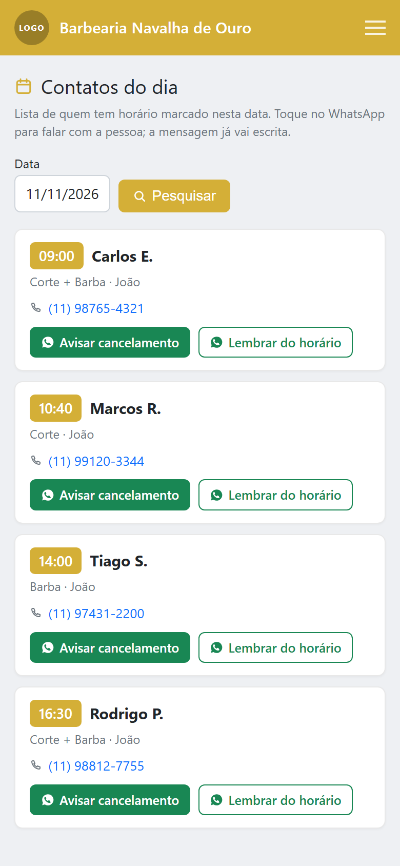Painel no celular: lista de quem tem horário marcado no dia, com hora, cliente, serviço, profissional, telefone e botões de WhatsApp