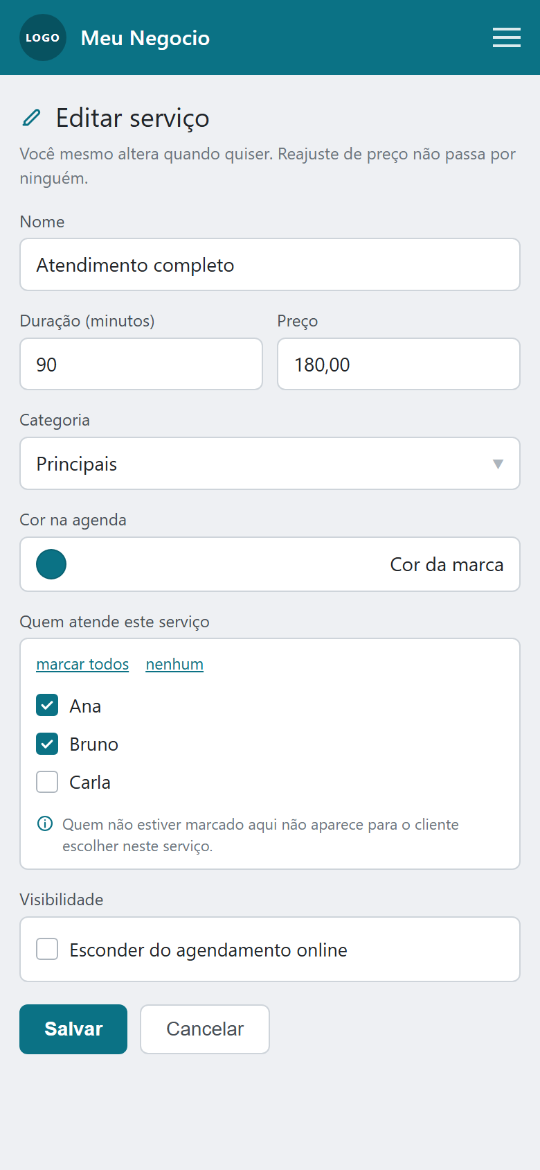 Tela de cadastro de serviço no painel: nome, duração em minutos, preço, categoria, cor na agenda, lista de quem atende e opção de esconder do agendamento online