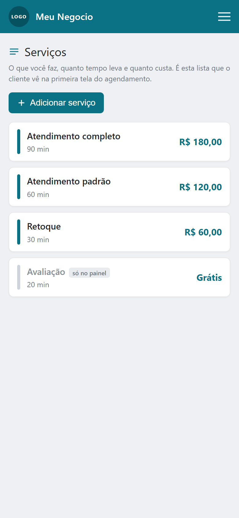 Lista de serviços cadastrados no painel, cada um com nome, duração e preço, e um botão de adicionar serviço